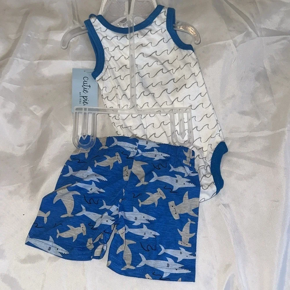 Cutie Pie Baby Boys 3 Piece Shark Jawsome Set Bodysuit Shorts Booties 3-6M Blue